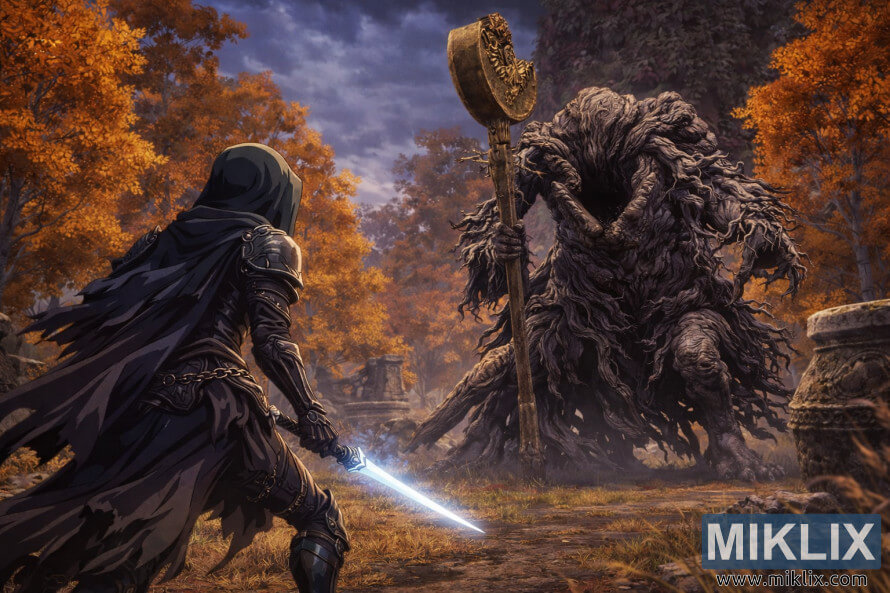 Fan art of Black Knife armor-clad player confronting Erdtree Avatar in autumn forest ruins