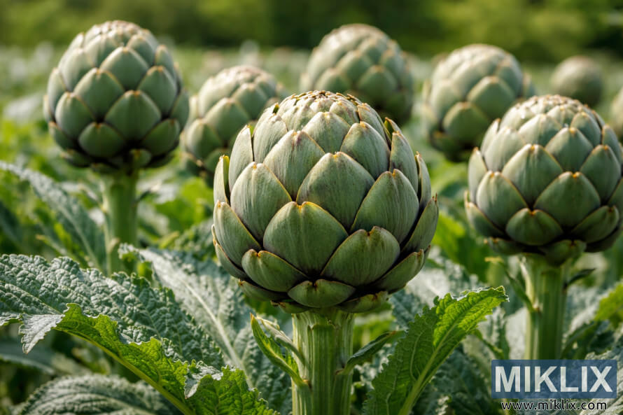 Close-up of mature artichoke buds with tightly closed green bracts growing in a sunlit field.