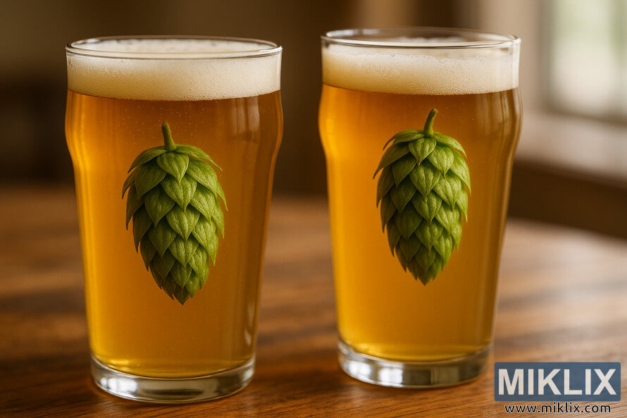 Dues pintes d'IPA daurada i Pale Ale amb cons de llÃºpol Centennial flotant a l'interior, colÂ·locades sobre una barra de fusta a la cÃ lida llum del dia.