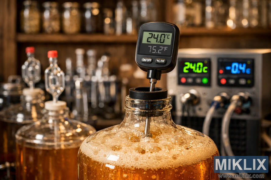 A close-up view of a brewery fermentation setup featuring a thermometer measuring the temperature of a bubbling golden Belgian-style ale, surrounded by lab equipment and softly lit wooden shelves in the background. A close-up view of a brewery fermentation setup featuring a thermometer measuring the temperature of a bubbling golden Belgian-style ale, surrounded by lab equipment and softly lit wooden shelves in the background.