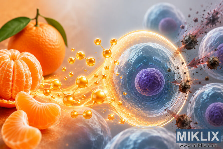 A high-detail conceptual biomedical illustration showing fresh tangerines releasing glowing antioxidant molecules that form a radiant protective shield around a healthy cell, blocking dark free radicals and symbolizing protection against oxidative stress. A high-detail conceptual biomedical illustration showing fresh tangerines releasing glowing antioxidant molecules that form a radiant protective shield around a healthy cell, blocking dark free radicals and symbolizing protection against oxidative stress.