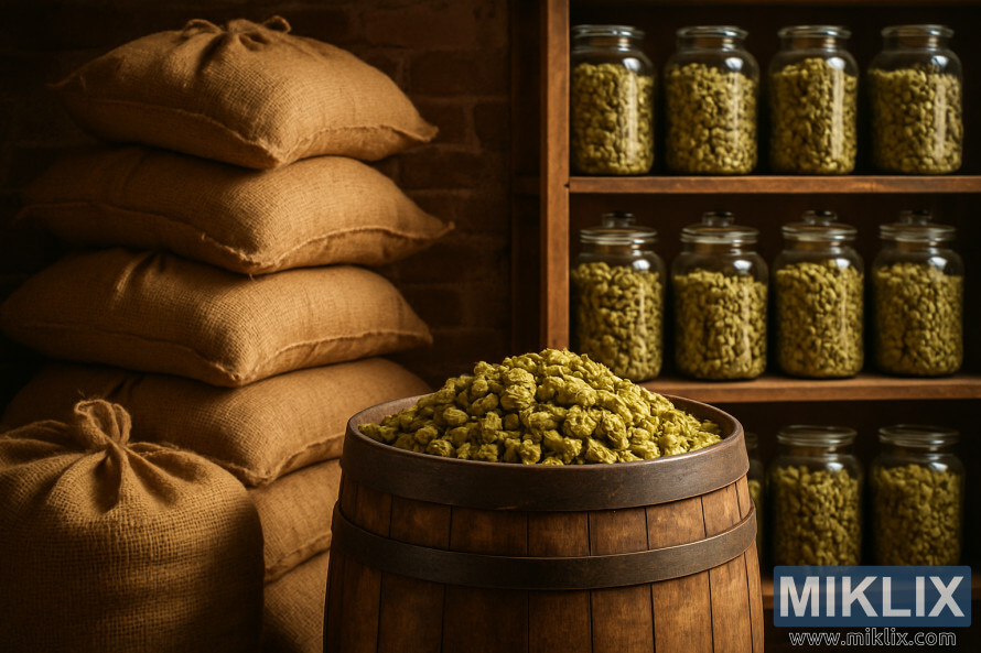 Burlap sacks and jars of dried hops in warm light with a rustic brick wall and a wooden barrel topped with hop cones.