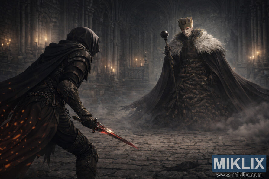 Realistic dark fantasy scene of the Tarnished seen from behind facing an aged Count Ymir inside a vast, mist-filled gothic cathedral before battle. Realistic dark fantasy scene of the Tarnished seen from behind facing an aged Count Ymir inside a vast, mist-filled gothic cathedral before battle.