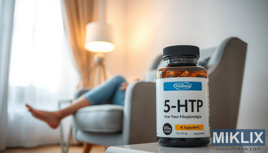 Ampolla de suplements de 5-HTP en una habitaciÃ³ acollidora i fosca amb una cÃ lida resplendor de lÃ mpada i una persona descansant.