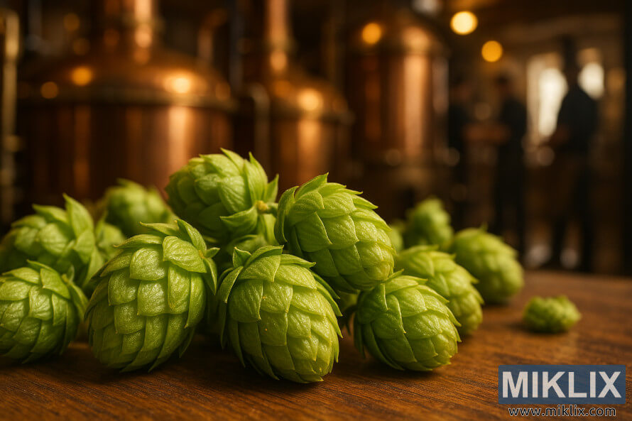 LÃ¤hikuva tuoreista Columbian humalista puulla, jonka takana on kupariset keittoastiat sumennettuna.