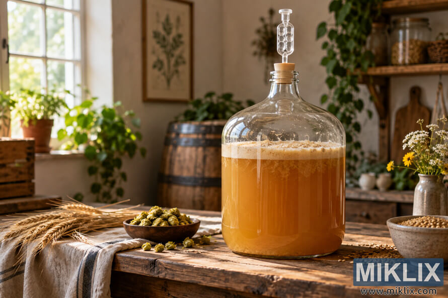 Glass carboy filled with cloudy golden ale fermenting on a rustic wooden table, surrounded by hops, grain and farmhouse decor in warm sunlight.