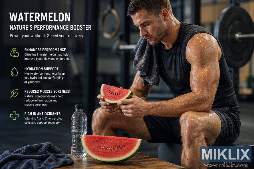 High-resolution landscape fitness scene showing a muscular athlete resting in a modern gym while holding a slice of watermelon. An informational panel highlights watermelon's potential benefits for hydration, exercise performance, muscle recovery, and antioxidant support. The background features softly blurred gym equipment, creating a motivational wellness atmosphere.