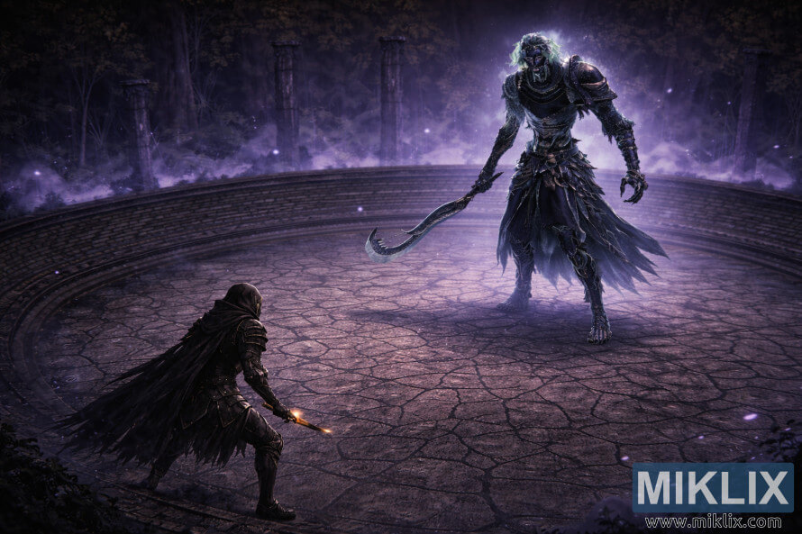 Dark fantasy isometric view of a lone armored warrior confronting a towering spectral boss inside a glowing circular stone arena at night.