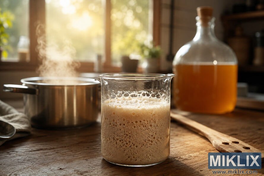 A warmly lit kitchen countertop featuring a bubbling yeast starter inside a clear glass beaker, surrounded by a wooden stir paddle, a steaming pot of warm water, and a softly blurred fermentation vessel near a sunlit window. A warmly lit kitchen countertop featuring a bubbling yeast starter inside a clear glass beaker, surrounded by a wooden stir paddle, a steaming pot of warm water, and a softly blurred fermentation vessel near a sunlit window.