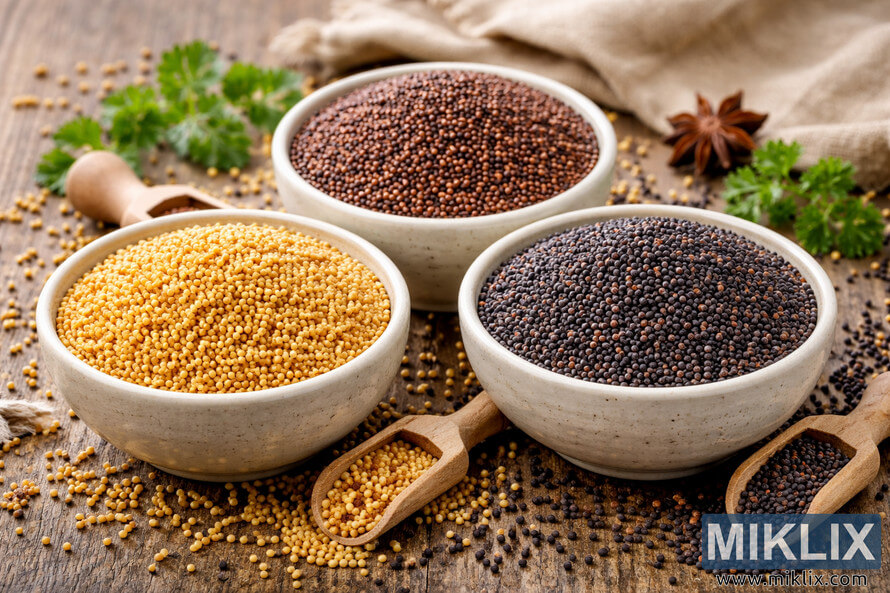 Three ceramic bowls filled with yellow, brown, and black mustard seeds arranged on a rustic wooden table with scattered seeds and small wooden scoops.