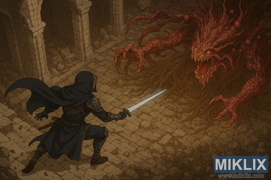 Imagem em estilo anime da armadura Stadnished in Black Knife enfrentando o Putrid Tree Spirit em Elden Ring.