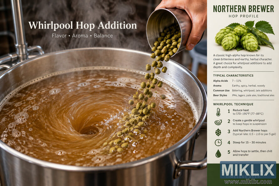 Landscape brewing infographic showing green Northern Brewer hop pellets being poured into swirling amber wort in a stainless-steel kettle, alongside a hop profile and five-step whirlpool technique guide.