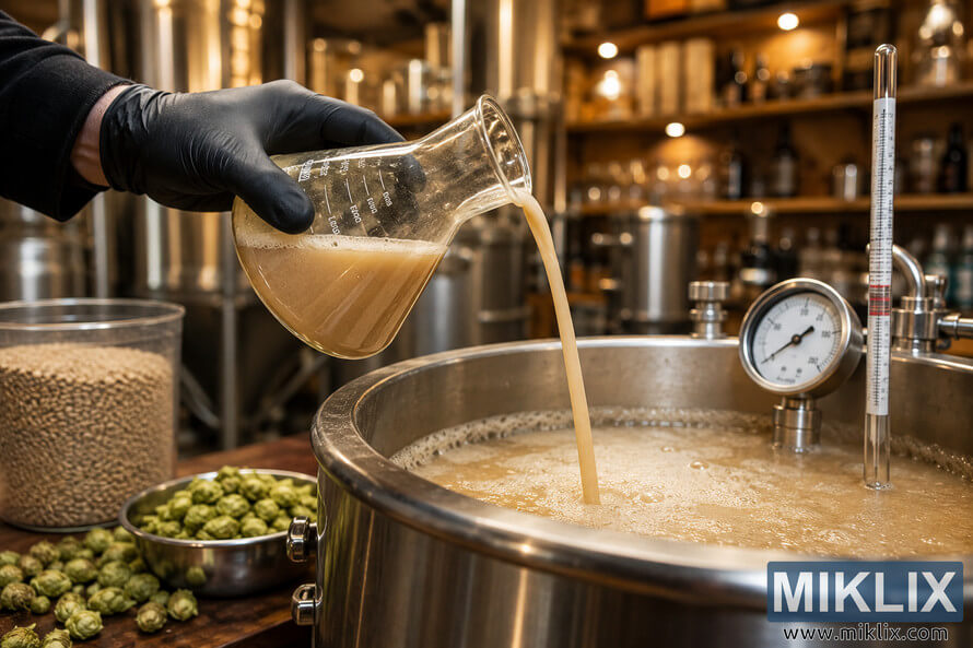 Close-up of a professional brewer wearing a black sanitary glove while pouring a liquid yeast starter from a glass flask into a bubbling stainless steel fermentation vessel surrounded by fresh hops, malt, and brewing equipment in a warm craft brewery setting.