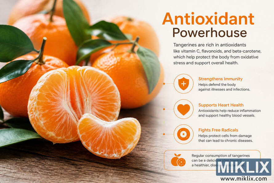 Landscape infographic showing fresh tangerines with green leaves on a rustic wooden surface beside educational content explaining antioxidant properties, immune support, heart health, free radical protection, and disease prevention using modern icons and clean typography. Landscape infographic showing fresh tangerines with green leaves on a rustic wooden surface beside educational content explaining antioxidant properties, immune support, heart health, free radical protection, and disease prevention using modern icons and clean typography.