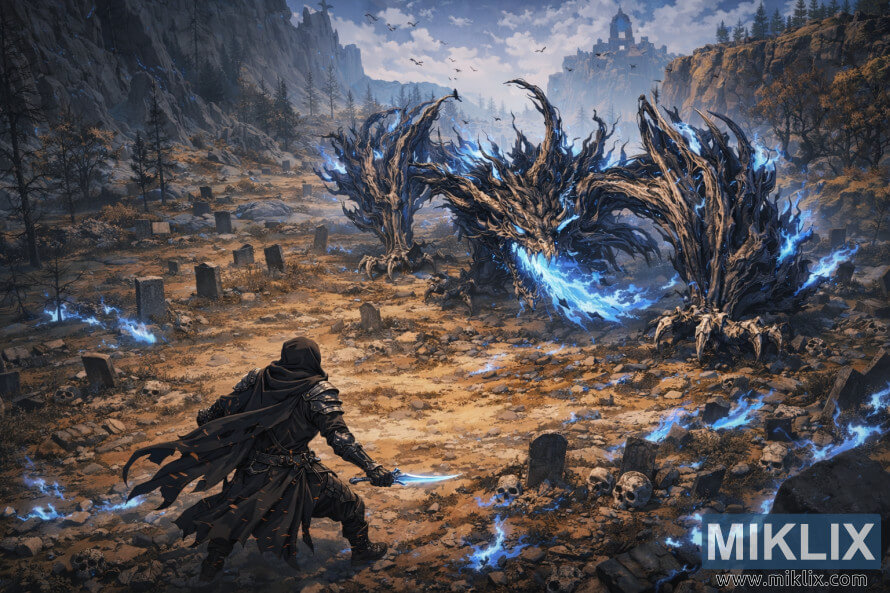 Vedere izometricÄ Ã®n stil anime a celor pÄtaÈi vÄzuÈi din spate, înfruntând Dragonul Ghostflame pe un câmp de luptÄ plin de morminte din Elden Ring. Vedere izometricÄ Ã®n stil anime a celor pÄtaÈi vÄzuÈi din spate, înfruntând Dragonul Ghostflame pe un câmp de luptÄ plin de morminte din Elden Ring.