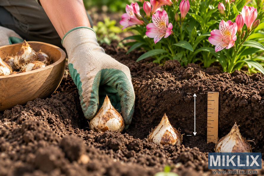 Gloved gardener planting flower bulbs upright in dark soil beside a wooden depth gauge and white depth arrow, with pink flowers in the background. Gloved gardener planting flower bulbs upright in dark soil beside a wooden depth gauge and white depth arrow, with pink flowers in the background.