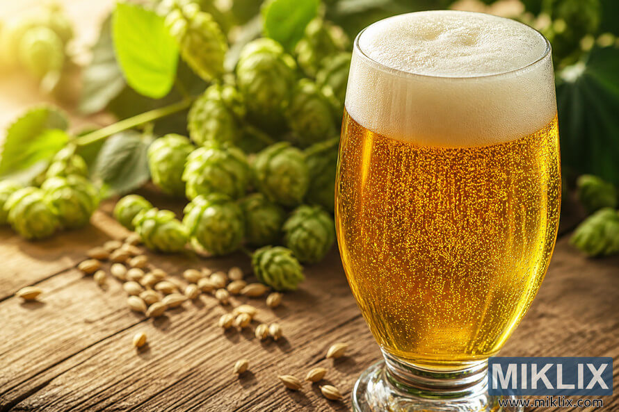 Close-up of a pale golden Belgian Saison beer with a frothy white head in a clear glass on a rustic wooden table, surrounded by barley grains and blurred green hops in warm natural light. Close-up of a pale golden Belgian Saison beer with a frothy white head in a clear glass on a rustic wooden table, surrounded by barley grains and blurred green hops in warm natural light.