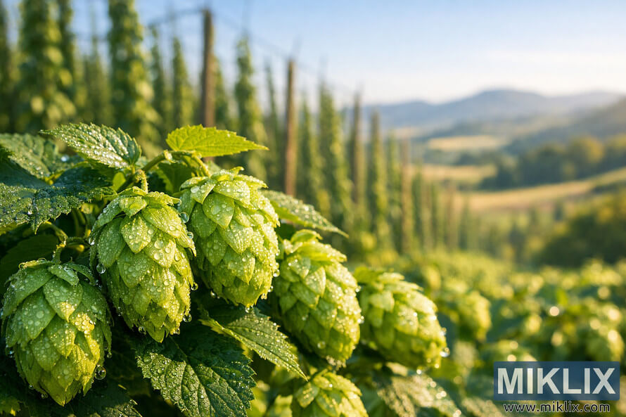 Close-up of fresh Hallertau Tradition hop cones covered in morning dew, with a blurred hop field, trellises, rolling hills, and warm golden sunlight under a clear blue sky. Close-up of fresh Hallertau Tradition hop cones covered in morning dew, with a blurred hop field, trellises, rolling hills, and warm golden sunlight under a clear blue sky.