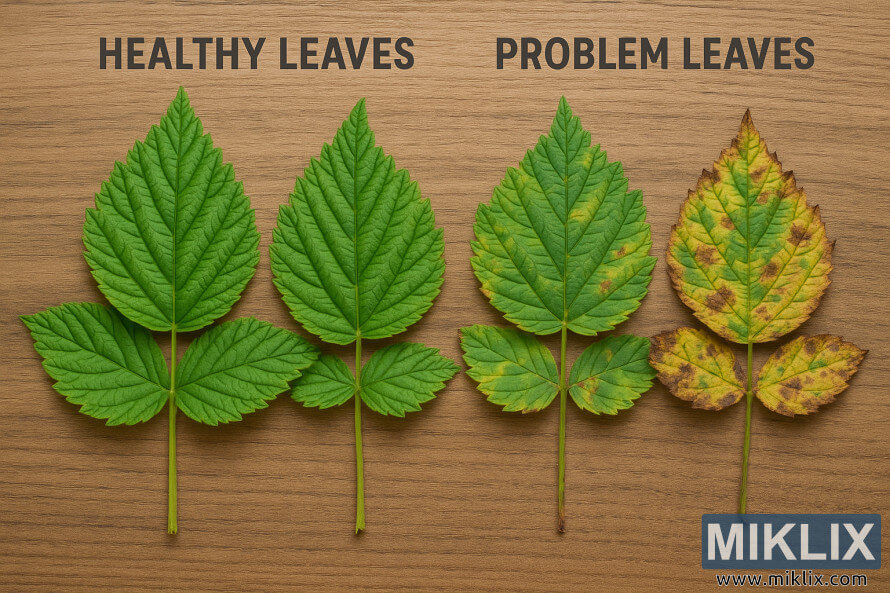 Vier framboosblare op 'n houtoppervlak, wat twee gesonde groen blare aan die linkerkant en twee beskadigde, vergelende blare aan die regterkant toon.