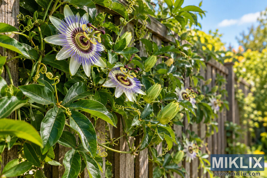 Purple and white passionflowers and glossy green vines climbing a weathered wooden garden fence in bright sunlight. Purple and white passionflowers and glossy green vines climbing a weathered wooden garden fence in bright sunlight.