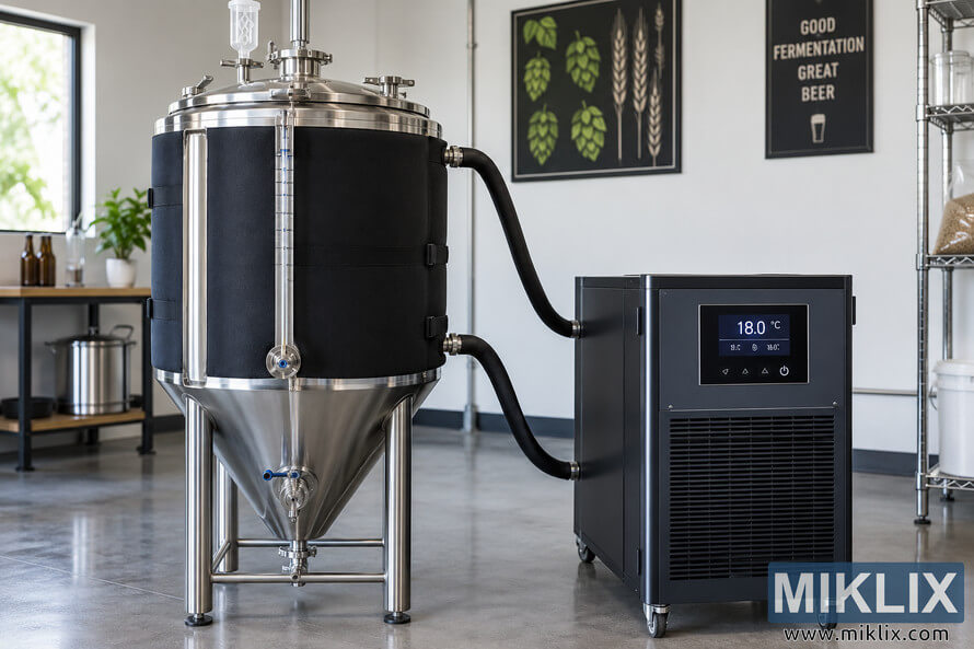 Landscape photo of a stainless steel conical fermenter connected by insulated hoses to a wheeled temperature controller displaying 18.0 °C in a bright homebrewing workspace. Landscape photo of a stainless steel conical fermenter connected by insulated hoses to a wheeled temperature controller displaying 18.0 °C in a bright homebrewing workspace.
