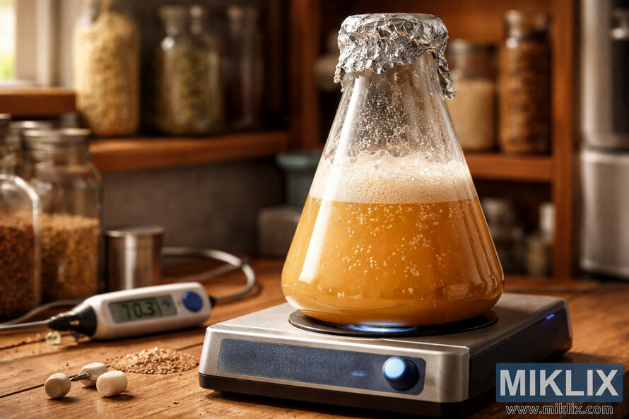 Close-up of a bubbling yeast starter in a glass Erlenmeyer flask on a stir plate, surrounded by brewing tools in a warm home brew setting.