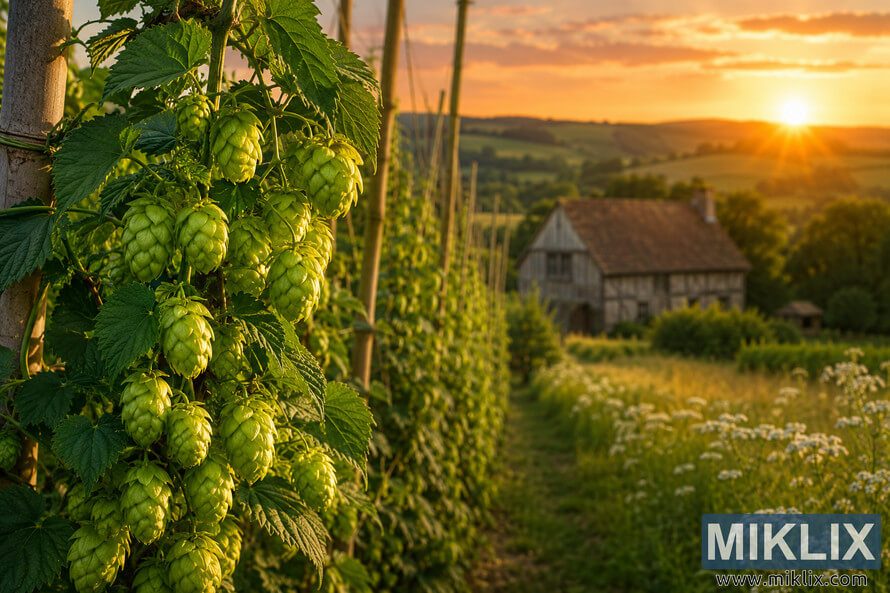 Close-up of ripe green hop cones growing on tall bamboo trellises in a lush Kent hop field during golden hour, with a softly blurred 18th-century farmhouse, rolling hills, wildflowers, and a glowing sunset in the background. Close-up of ripe green hop cones growing on tall bamboo trellises in a lush Kent hop field during golden hour, with a softly blurred 18th-century farmhouse, rolling hills, wildflowers, and a glowing sunset in the background.