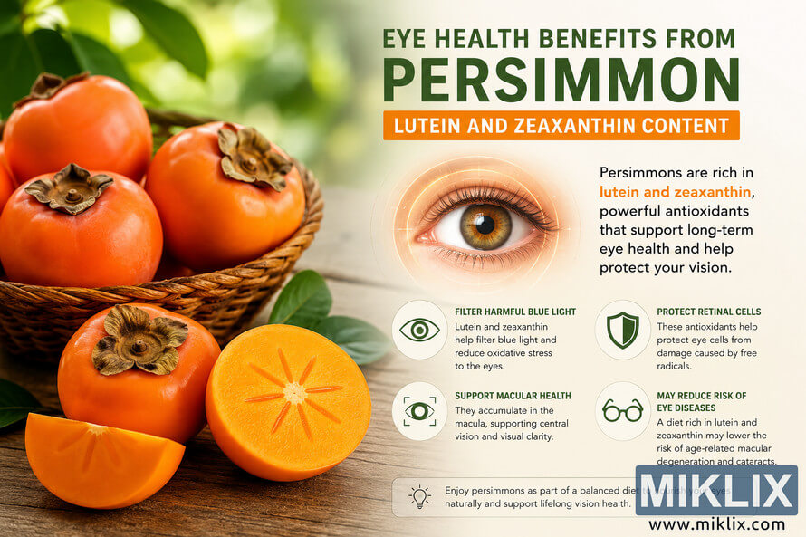 Landscape infographic featuring fresh orange persimmons in a rustic basket beside a glowing human eye illustration, highlighting the eye health benefits of lutein and zeaxanthin found in persimmons, including blue light protection, retinal support, and macular health.
