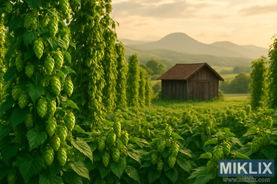 Ladang hop yang subur dengan buah hijau di bawah sinar matahari keemasan, gudang kayu yang lapuk, dan pegunungan yang kabur di kejauhan.