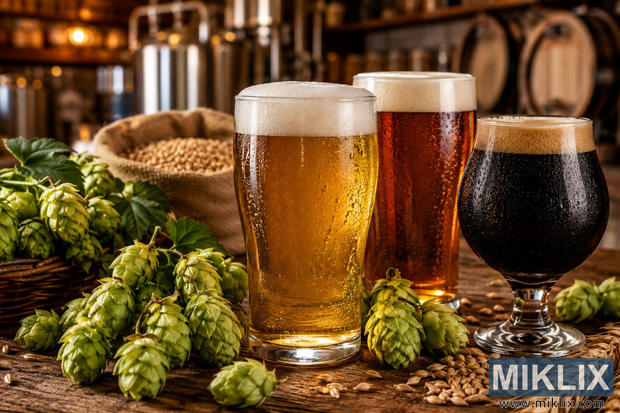 Close-up of three craft beersâa pale ale, amber lager, and brown stoutâarranged with fresh green Golding hop cones on a rustic wooden table inside a warmly lit brewery, with softly blurred brewing equipment and wooden barrels in the background. Close-up of three craft beersâa pale ale, amber lager, and brown stoutâarranged with fresh green Golding hop cones on a rustic wooden table inside a warmly lit brewery, with softly blurred brewing equipment and wooden barrels in the background.