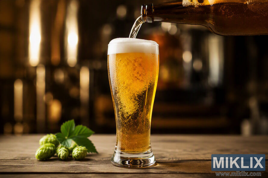 A close-up landscape photograph of a golden craft beer being poured from a brown glass bottle into a tall pilsner glass. The beer forms a thick white foam head while fine carbonation bubbles rise through the amber liquid. Several fresh green hop cones and hop leaves rest on a rustic wooden table in the foreground. The background features a warmly lit pub or brewery setting with soft golden bokeh lights and shallow depth of field, creating a cozy and inviting atmosphere. No visible branding, labels, or text appear in the image. A close-up landscape photograph of a golden craft beer being poured from a brown glass bottle into a tall pilsner glass. The beer forms a thick white foam head while fine carbonation bubbles rise through the amber liquid. Several fresh green hop cones and hop leaves rest on a rustic wooden table in the foreground. The background features a warmly lit pub or brewery setting with soft golden bokeh lights and shallow depth of field, creating a cozy and inviting atmosphere. No visible branding, labels, or text appear in the image.