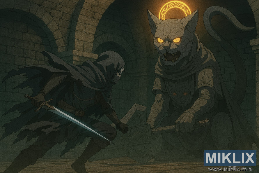 Fanúšikovské umenie v štýle anime s postavou Tarnished fighting Erdtree Burial Watchdog v katakombách Wyndham Fanúšikovské umenie v štýle anime s postavou Tarnished fighting Erdtree Burial Watchdog v katakombách Wyndham