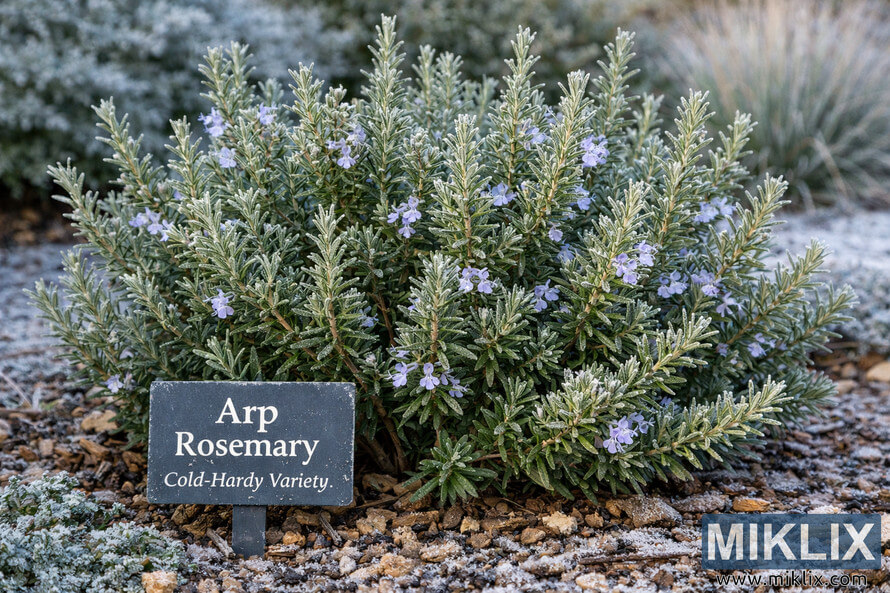 Arp rosemary plant with silvery green needle-like leaves and pale blue flowers growing in a lightly frost-covered garden with a small sign labeled Cold-Hardy Variety.