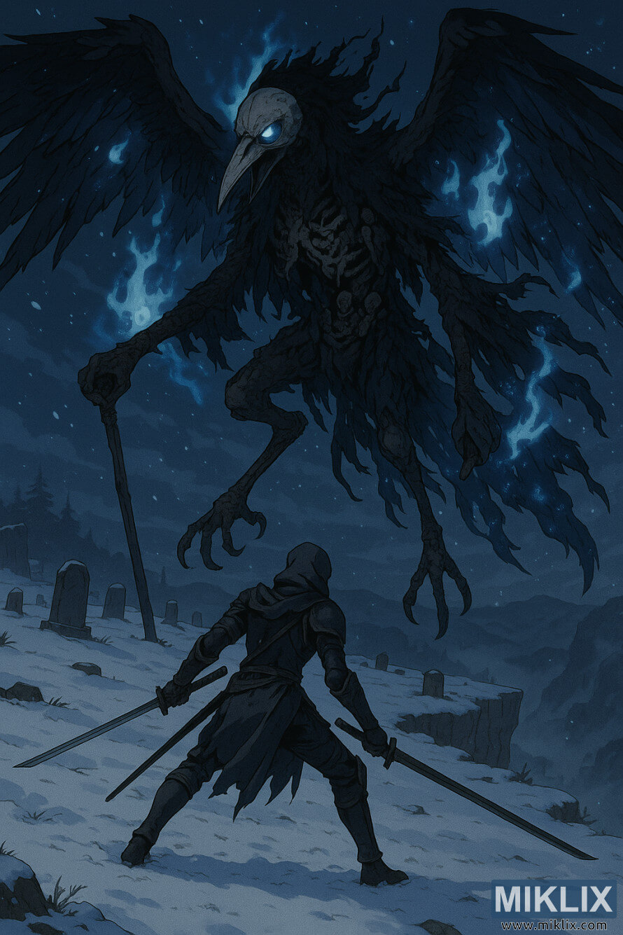 Mchoro wa mtindo wa uhuishaji wa shujaa aliyevalia kivita kwa Kisu Cheusi akiwa na katana mbili zinazotazamana na Death Rite Bird refu, yenye ghostflame-wreathed kwenye kaburi la maporomoko ya theluji wakati wa usiku.