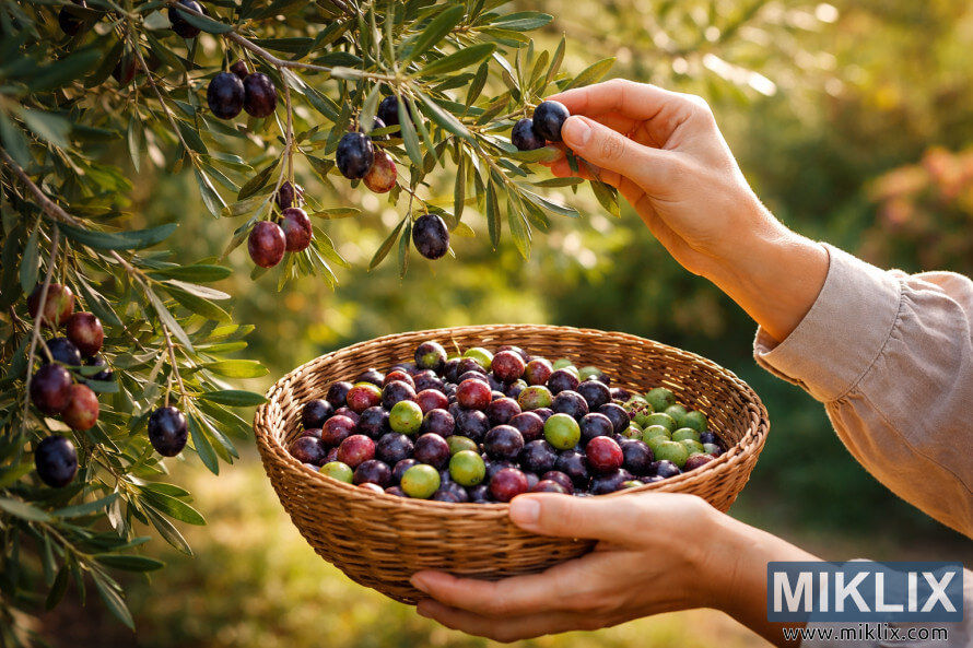 Ruke beru zrele masline s vrtnog maslinovog stabla i stavljaju ih u pletenu košaru na toplom suncu Ruke beru zrele masline s vrtnog maslinovog stabla i stavljaju ih u pletenu košaru na toplom suncu