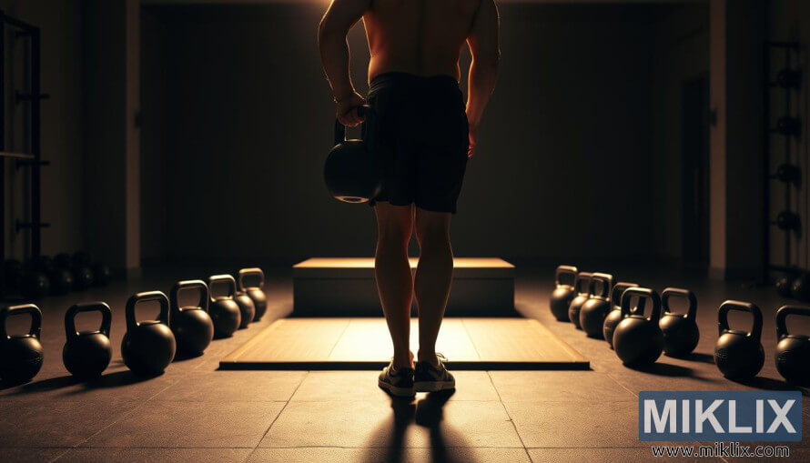 Seseorang melakukan gerakan kettlebell hip hinge di pusat kebugaran dengan pencahayaan redup dan bayangan hangat.