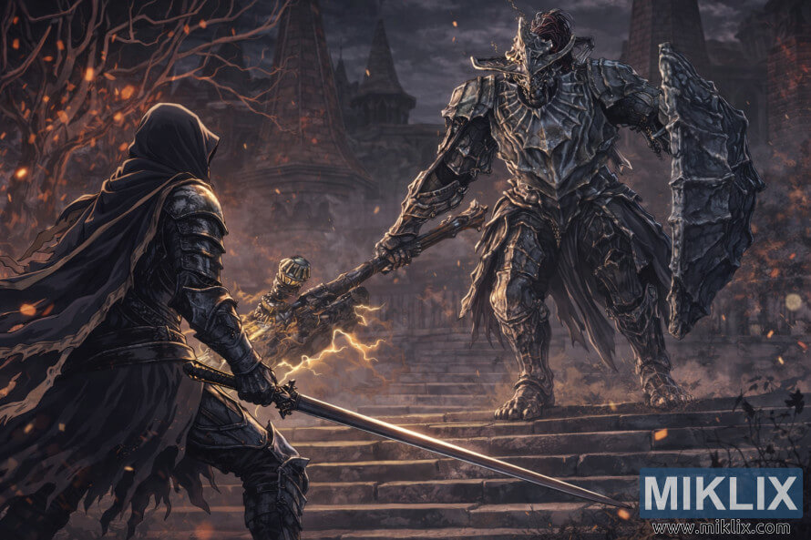 Anime-tyylinen fanitaide, jossa Tuhkimoinen on pukeutunut tummaan varjohaarniskaan ja kohtaa valtavan LohikÃ¤Ã¤rmeensurmaaja-haarniskan pomon goottilaisessa raunioituneessa kaupungissa juuri ennen taistelua.