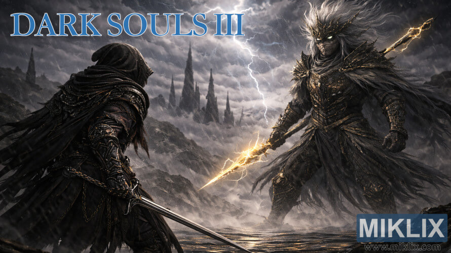 Fan art of a hooded Ashen One in Shadow Armor facing the Nameless King with a lightning spear in a stormy Dark Souls III battlefield Fan art of a hooded Ashen One in Shadow Armor facing the Nameless King with a lightning spear in a stormy Dark Souls III battlefield