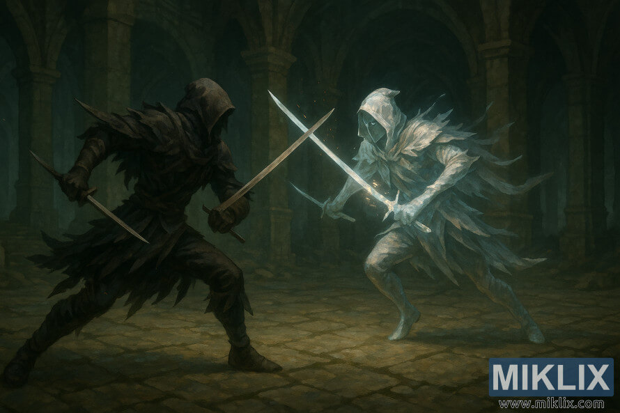 Dois guerreiros encapuzados com lÃ¢minas duplas enfrentam-se dinamicamente num antigo salÃ£o subterrÃ¢neo, um com armadura escura da Faca Negra e o outro em prata brilhante.