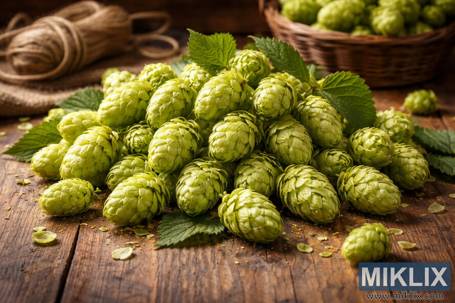 Fresh green Tolhurst hop cones arranged on a rustic wooden table with hop leaves, a wicker basket of hops, and jute twine in the background.