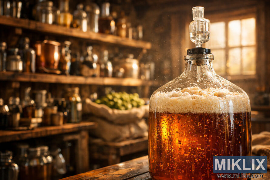 Glass fermenter filled with bubbling amber ale in a warmly lit brewery, with wooden shelves, brewing equipment, hops, and soft sunlight streaming through a rustic window.