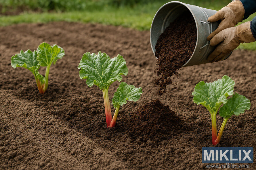 Gardener adding compost to tilled soil with young rhubarb plants