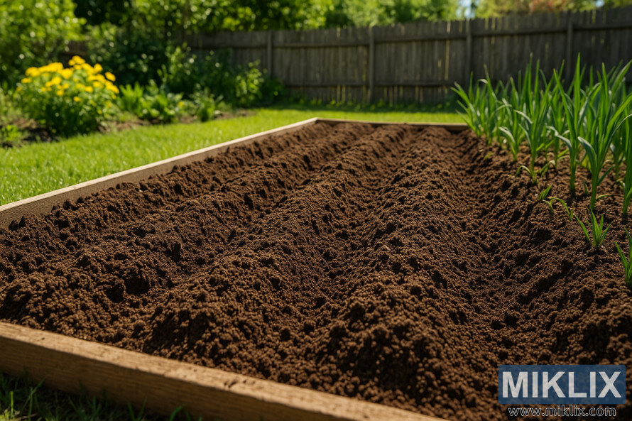 Un parterre surÃ©levÃ© baignÃ© de soleil, rempli de terre riche et bien drainÃ©e et de jeunes plants dâail dâun cÃ´tÃ©.