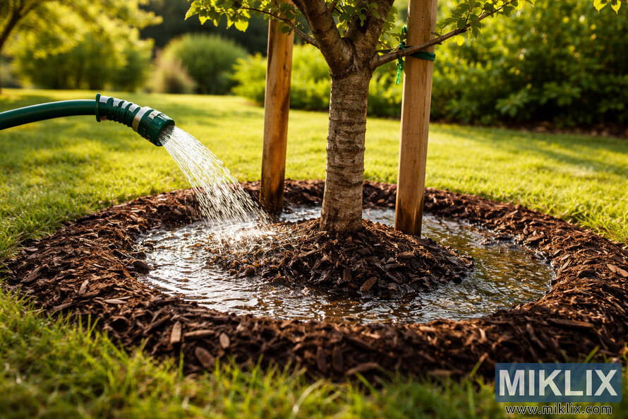 Young tree being watered slowly in a mulch basin with a garden hose, demonstrating proper deep watering technique.