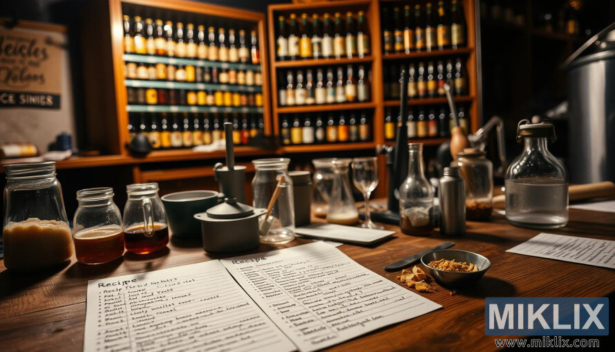 Puinen pÃ¶ytÃ¤, jolla on reseptikortteja, oluen valmistusvÃ¤lineitÃ¤ ja pulloja hÃ¤mÃ¤rÃ¤ssÃ¤, lÃ¤mpimÃ¤sti valaistussa tyÃ¶tilassa, joka on tÃ¤ynnÃ¤ oluen valmistuslaitteita.