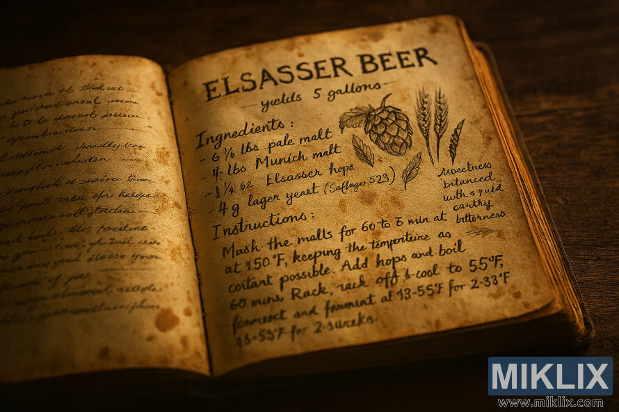 Buku resep tulisan tangan terbuka dengan halaman yang lapuk, bahan-bahan pembuatan bir, dan catatan, diberi cahaya lembut di permukaan kayu pedesaan.