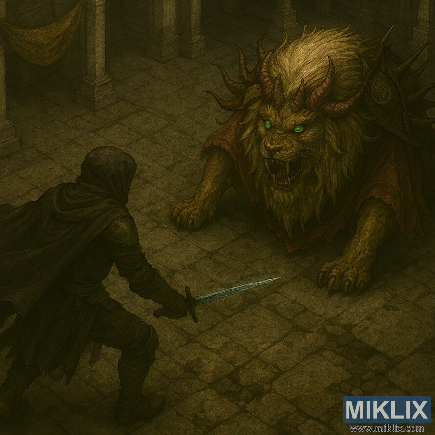 ရှေးဟောင်းခန်းမတစ်ခုထဲက Elden Ring ရဲ့ Tarnished တိုက်ခိုက်ရေး Divine Beast Dancing Lion ရဲ့ တစ်ဝက်တစ်ပျက် လက်တွေ့ဆန်တဲ့ anime ပုံစံ fan art