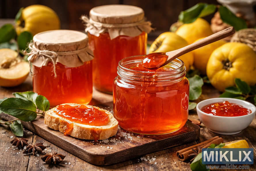 Glass jars of homemade quince jelly on a rustic wooden table, with fresh quinces, spices, and a slice of bread topped with glossy jelly.