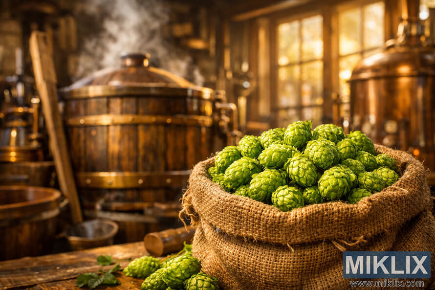 A rustic brewery interior with a burlap sack full of fresh green Mathon hops in the foreground, a steaming wooden brew kettle surrounded by copper equipment in the middle ground, and warm golden light streaming through large windows onto wooden beams and copper accents.