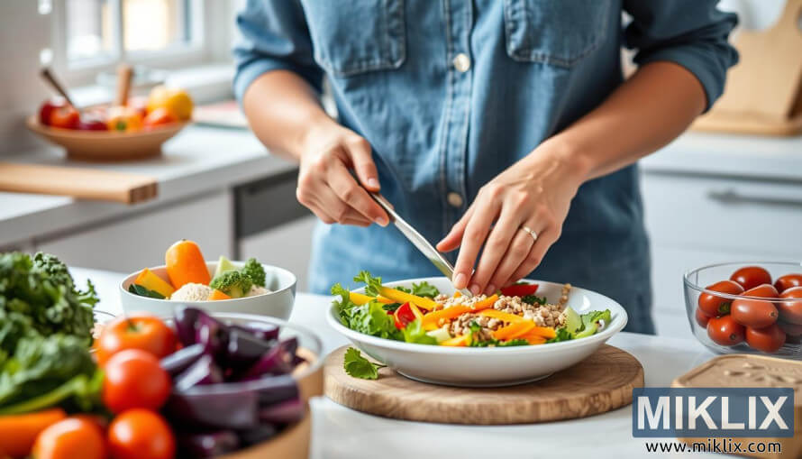 Farkkupaitaan pukeutunut henkilÃ¶ viipaloi vihanneksia suureen salaattikulhoon vihreiden, paprikoiden ja tomaattien kanssa.